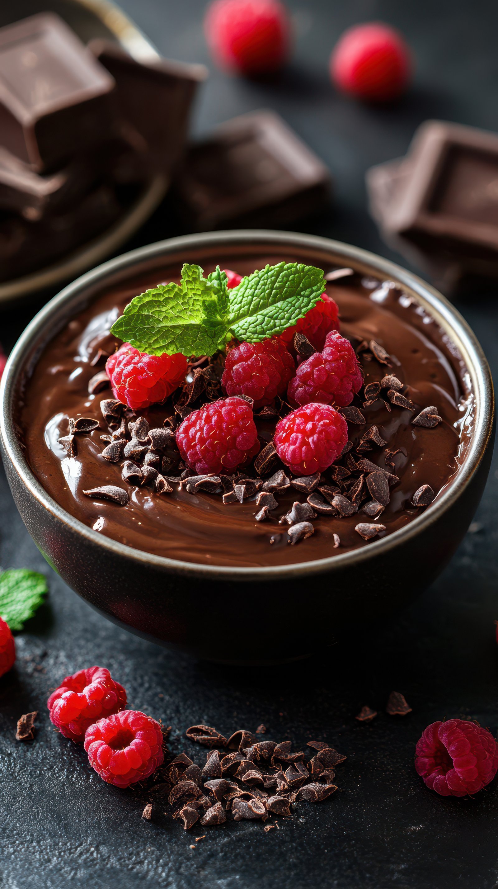 Rich chocolate dessert topped with fresh raspberries and mint leaves on a dark background creates an enticing culinary display
